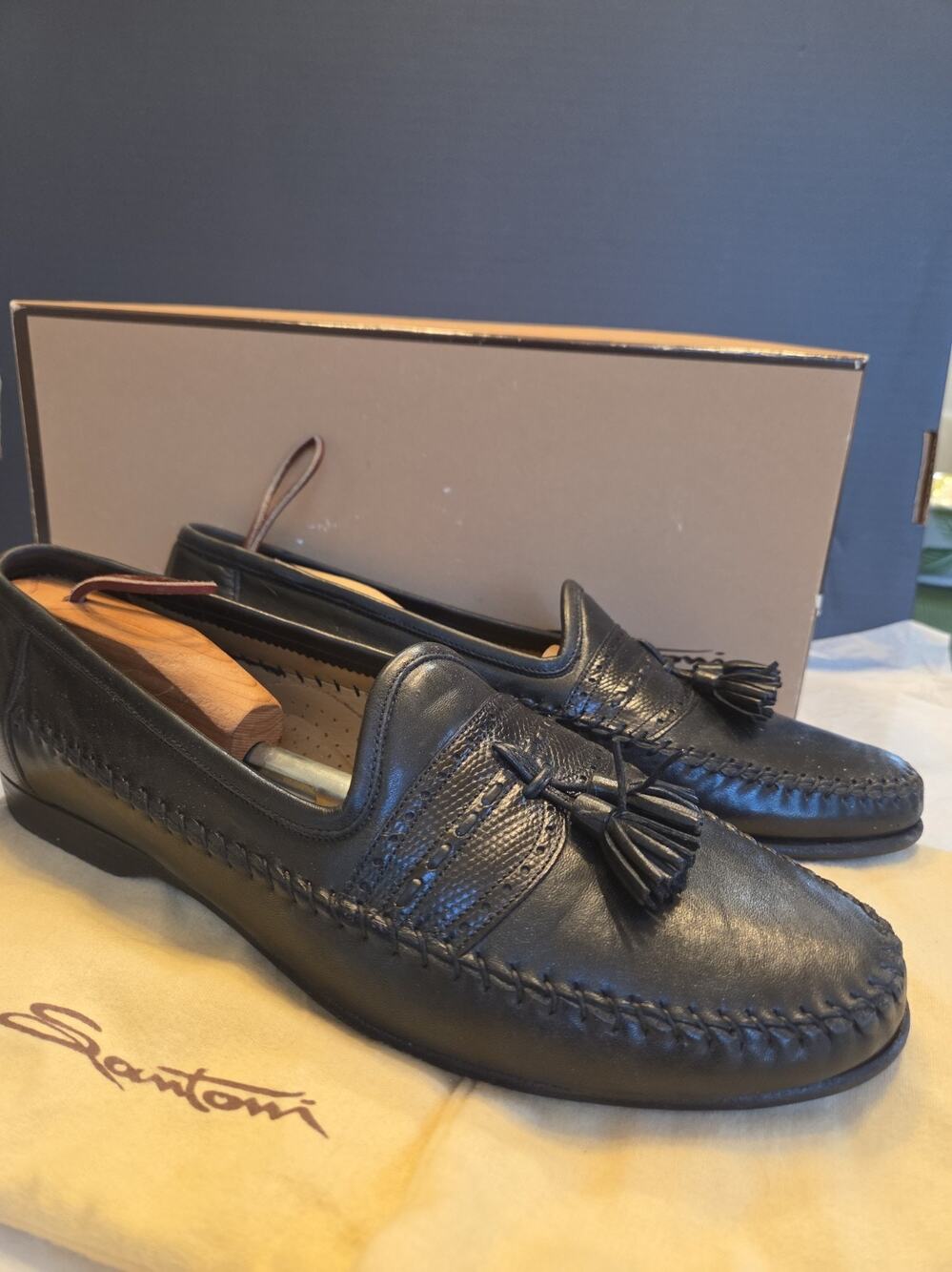 Santoni Vero Cuoio Men’s Black Leather Tassels Loafers Shoes Made In Italy 10D